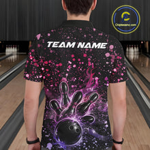 Load image into Gallery viewer, Back view of a male model in a black bowling polo shirt showcasing flaming bowling strike graphics and music-themed accents.