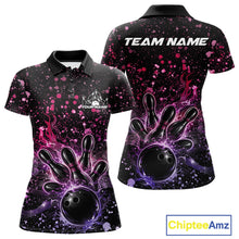 Load image into Gallery viewer, Front and back views of a black womens bowling polo shirt featuring a flaming bowling ball, pink and purple paint splatter accents, and music-themed graphics.