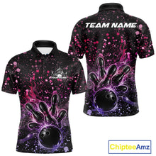 Load image into Gallery viewer, Front and back views of a black mens bowling polo shirt featuring a flaming bowling ball, pink and purple paint splatter accents, and music-inspired graphics.