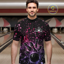Load image into Gallery viewer, Male model wearing a black bowling quarter-zip shirt at the lane with flaming bowling strike artwork and pink-purple music-themed splatters.