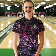Load image into Gallery viewer, Female model wearing a black bowling quarter-zip shirt at the lane with flaming bowling artwork and pink-purple music-themed splatter accents.