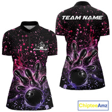 Load image into Gallery viewer, Front and back views of a black womens bowling quarter-zip shirt featuring a flaming bowling ball, pins, and pink and purple paint splatter music graphics.