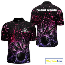 Load image into Gallery viewer, Front and back views of a black mens bowling quarter-zip shirt featuring a flaming bowling ball, pink and purple paint splatter accents, and music-inspired graphics.