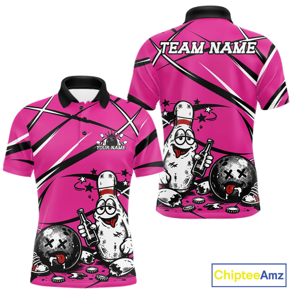 Pink polo shirt with funny drunk bowling ball and pins cartoon design