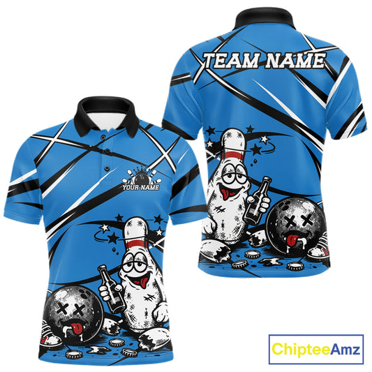 Sport Blue polo shirt with funny drunk bowling ball and pins cartoon design