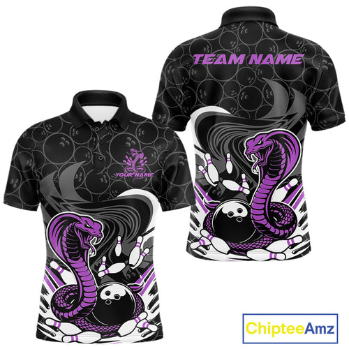 Custom Black And Purple Cobra Snake Bowling Polo Shirts For Men, Cobra Bowling Team Shirt IPHW9700