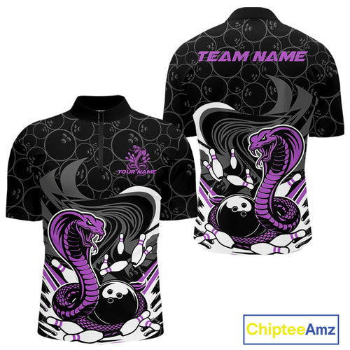 Custom Black And Purple Cobra Snake Bowling Quarter-Zip Shirts For Men, Cobra Bowling Team Shirt IPHW9700