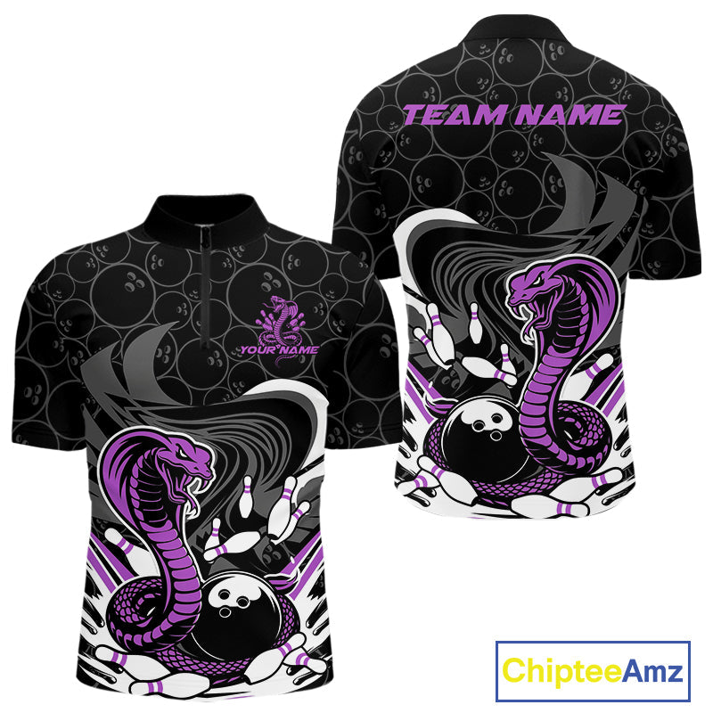 Custom Black And Purple Cobra Snake Bowling Quarter-Zip Shirts For Men, Cobra Bowling Team Shirt IPHW9700