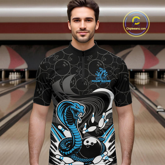 Custom Black And Blue Cobra Snake Bowling Quarter-Zip Shirts For Men, Cobra Bowling Team Shirt IPHW9702