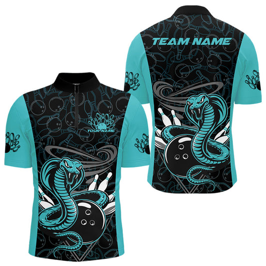Custom Blue Cobra Snake Bowling Team Men Quarter-Zip Shirts, Bowling Pattern Shirt IPHW9706
