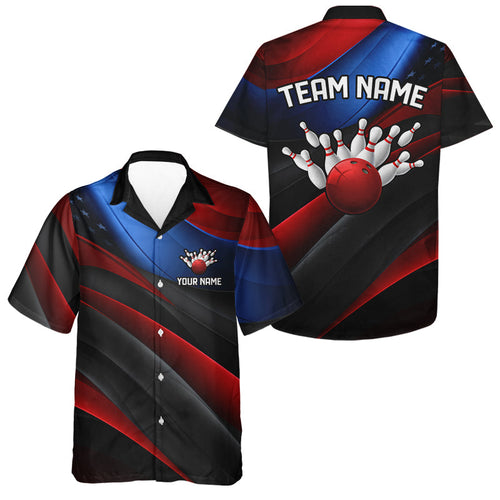 Custom Red And Blue Us Bowling Men Hawaiian Shirt, Patriotic Team Bowling League Shirts IPHW5247