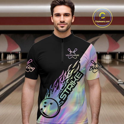 Custom Hologram Flame Strike Bowling Quarter-Zip Shirts For Men, Bowling Team Bowler Outfit IPHW9860