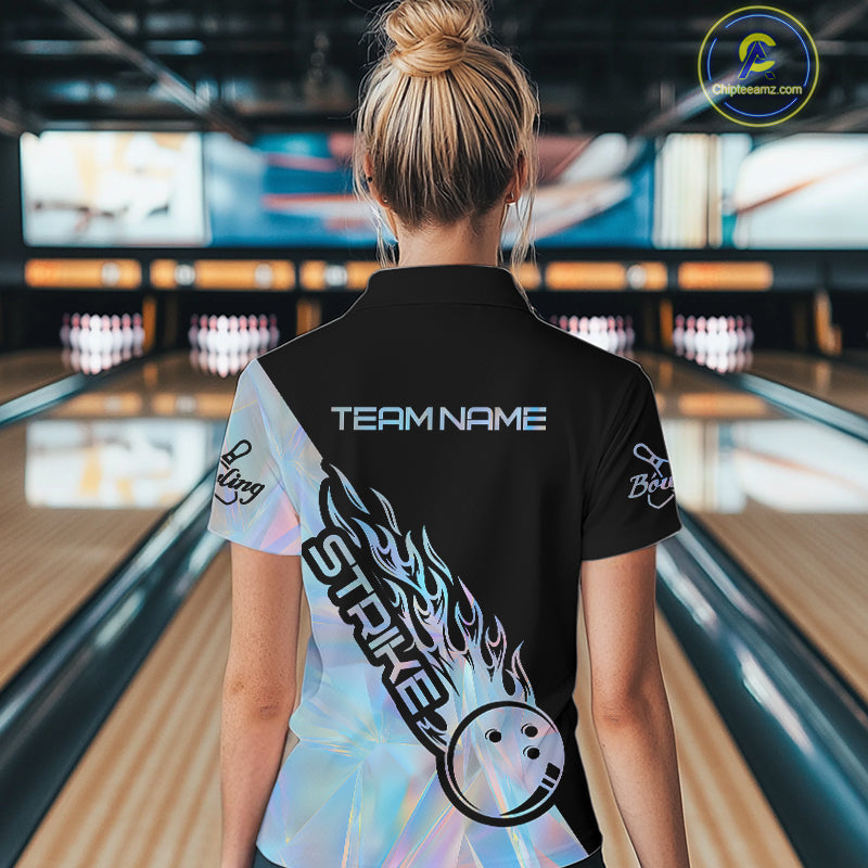 Custom Hologram Flame Strike Bowling Women Quarter-Zip Shirt, Icy Crystal Bowling Shirt IPHW9862