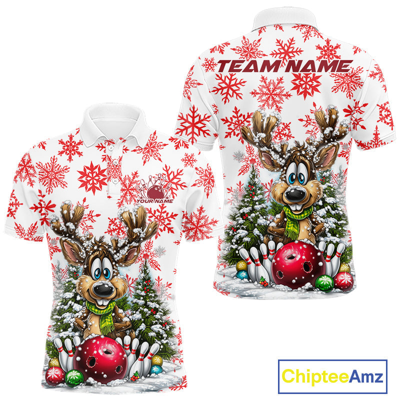 Custom Cute Funny Reindeer Christmas Bowling Men Polo Shirts, Xmas Team Bowling Shirt IPHW10113