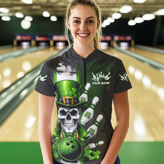 Custom Black And Green Lucky Clover St Patricks Skull Bowling Team Womens Quarter-Zip Shirt IPHW8597