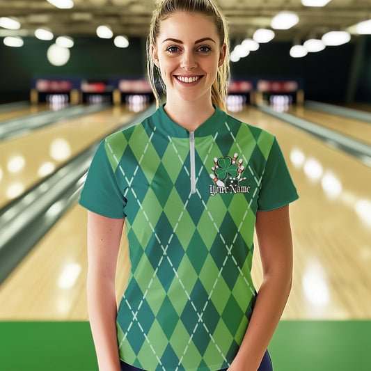 Custom Green Shamprock Saint Patricks Bowling Womens Quarter-Zip Shirt, Lucky Bowling Shirt IPHW8598