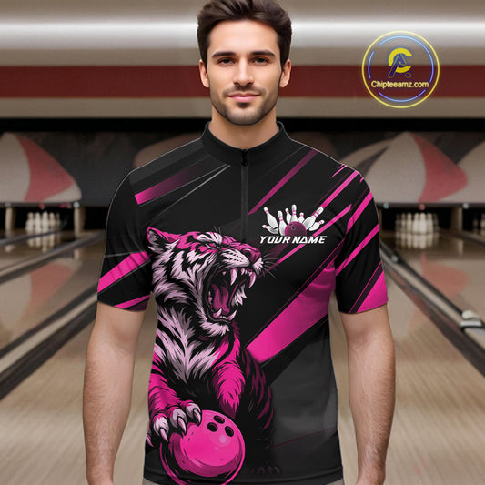 Custom Black And Pink Tiger Bowling Team Men Shirt, Bowling League Shirt Bowler Uniform IPHW10777