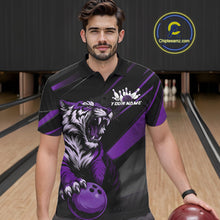 Load image into Gallery viewer, Custom Black And Purple Tiger Bowling Team Men Shirt, Bowling League Shirt Bowler Uniform IPHW10778