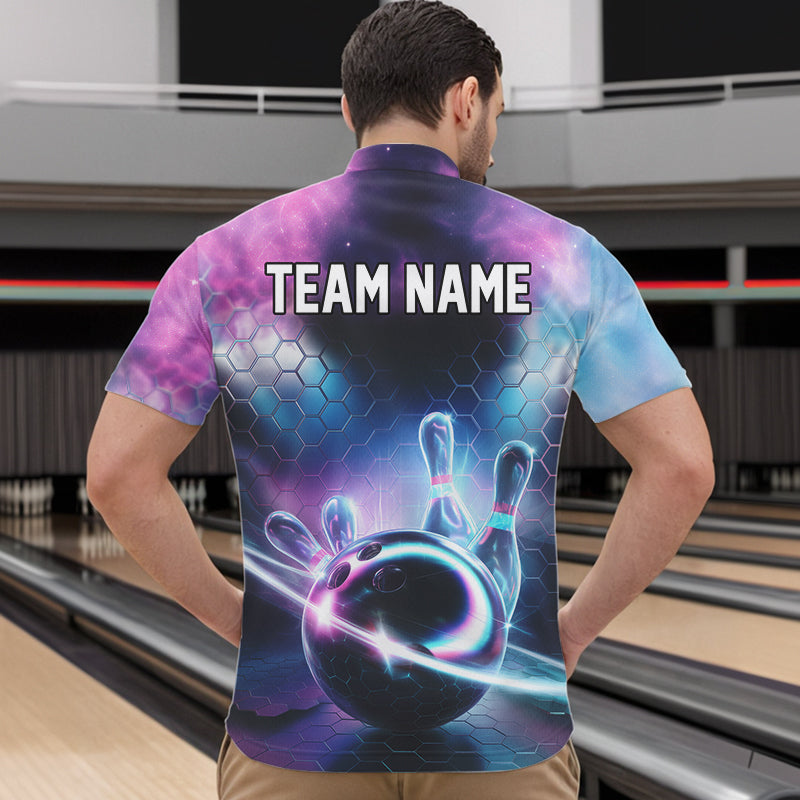 Custom Galaxy Bowling Team Men Quarter-Zip Shirts, Holographic Bowling Jersey Bowling League Shirt IPHW8904