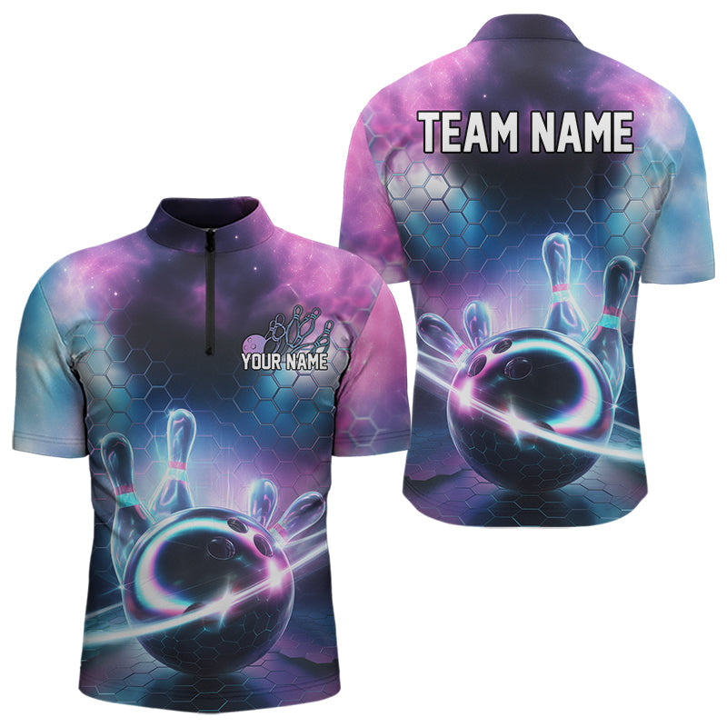 Custom Galaxy Bowling Team Men Quarter-Zip Shirts, Holographic Bowling Jersey Bowling League Shirt IPHW8904