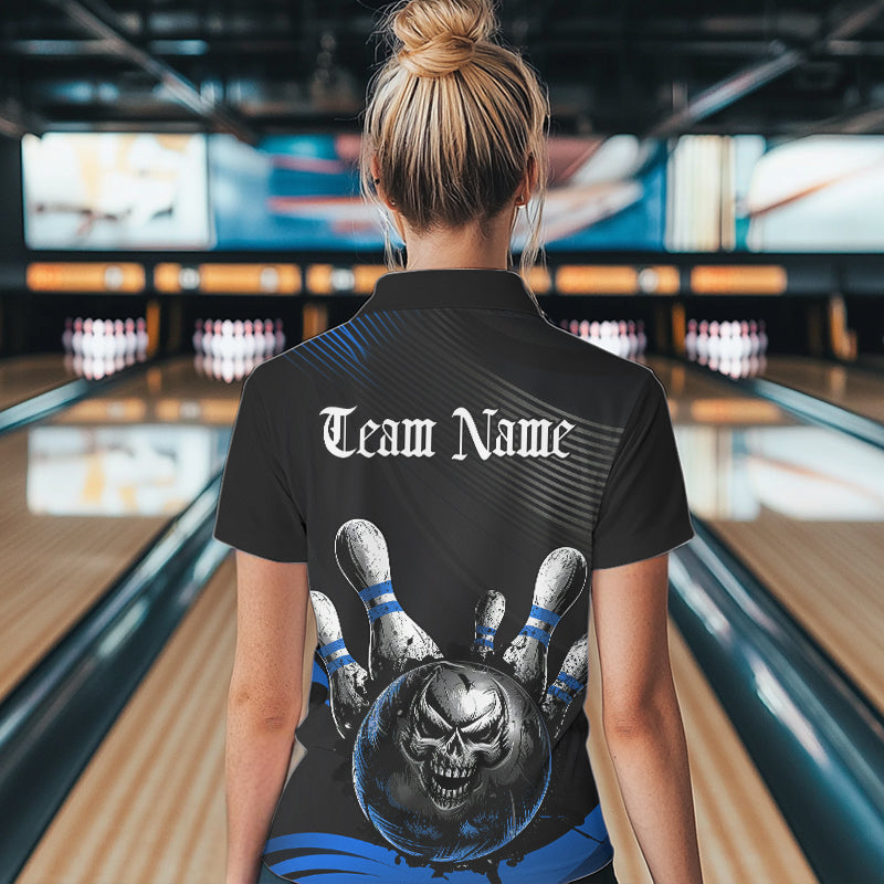 Custom Black And Blue Grunge Style Skull Bowling Polo Shirt For Women, Bowling Team Uniform IPHW8908