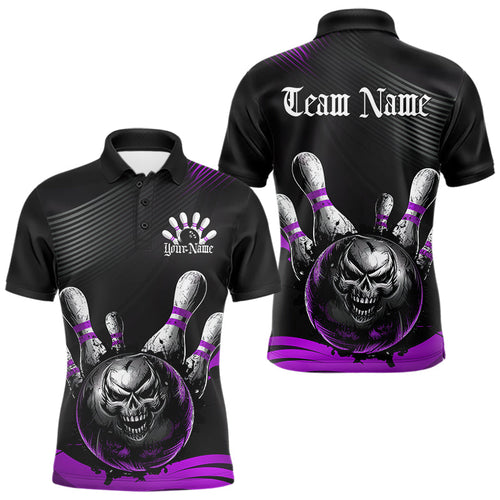 Custom Black And Purple Grunge Style Skull Bowling Polo Shirts For Men, Bowling Team Uniform IPHW8909