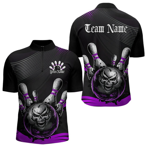 Custom Black And Purple Grunge Style Skull Bowling Quarter-Zip Shirts For Men, Bowling Team Uniform IPHW8909