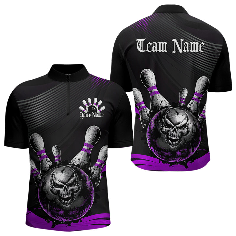 Custom Black And Purple Grunge Style Skull Bowling Quarter-Zip Shirts For Men, Bowling Team Uniform IPHW8909