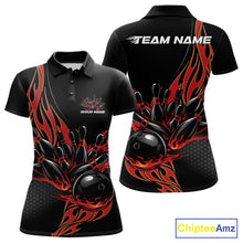Load image into Gallery viewer, Front and back view mockup of a women’s black polo shirt featuring a red flaming black bowling ball striking pins in a bold sports apparel design.