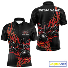 Load image into Gallery viewer, Front and back view of a mens black polo shirt mockup featuring a red flaming black bowling ball striking pins with dynamic bowling action graphics.