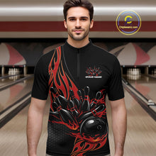 Load image into Gallery viewer, Male model front view in bowling lane wearing black quarter zip shirt with red flaming bowling ball hitting pins in intense action sports artwork.