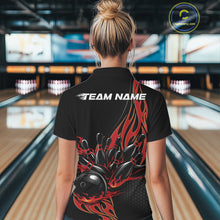Load image into Gallery viewer, Back view female model in bowling alley wearing black quarter zip shirt with red flaming bowling action illustration