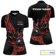 Load image into Gallery viewer, Womens quarter zip bowling shirt mockup, black shirt with red flaming black bowling ball striking pins bold dynamic design