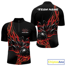 Load image into Gallery viewer, Front and back apparel mockup of black men’s quarter zip shirt with red flaming black bowling ball striking pins in powerful bowling strike illustration.