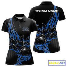 Load image into Gallery viewer, Front and back view mockup of a women’s black polo shirt featuring a blue flaming black bowling ball striking pins in a modern sports apparel design.