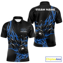Load image into Gallery viewer, Front and back view mockup of a men’s black polo shirt featuring a blue flaming black bowling ball striking pins in a clean, modern sports apparel style.