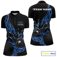 Load image into Gallery viewer, Womens quarter zip bowling shirt mockup, black base featuring blue flaming black bowling ball striking pins dynamic artwork