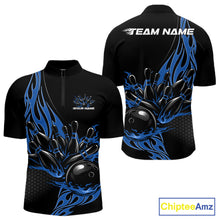 Load image into Gallery viewer, Front and back mockup of men’s black quarter zip shirt with blue flaming black bowling ball striking pins in high-energy sports apparel presentation.