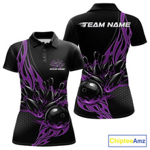 Load image into Gallery viewer, Front and back view mockup of a women’s black polo shirt featuring a purple flaming black bowling ball striking pins in a striking sports apparel design.