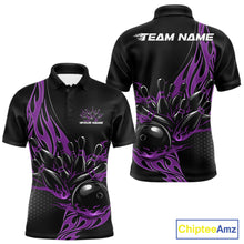 Load image into Gallery viewer, Front and back view mockup of a men’s black polo shirt featuring a purple flaming black bowling ball striking pins in a striking sports apparel design.