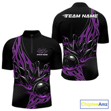 Load image into Gallery viewer, Front and back mockup of black quarter zip shirt with purple flaming black bowling ball striking pins in striking, modern sportswear design.