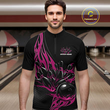 Load image into Gallery viewer, Male model front view in bowling lane wearing black quarter zip shirt with pink flaming bowling ball striking pins in vibrant athletic design.