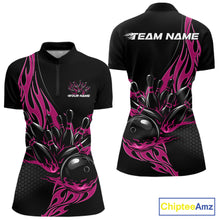 Load image into Gallery viewer, Womens quarter zip bowling shirt mockup, black shirt with pink flaming black bowling ball striking pins bold energetic design