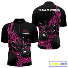 Load image into Gallery viewer, Front and back mockup of black quarter zip shirt featuring pink flaming black bowling ball striking pins in bold, high-energy sports apparel presentation.