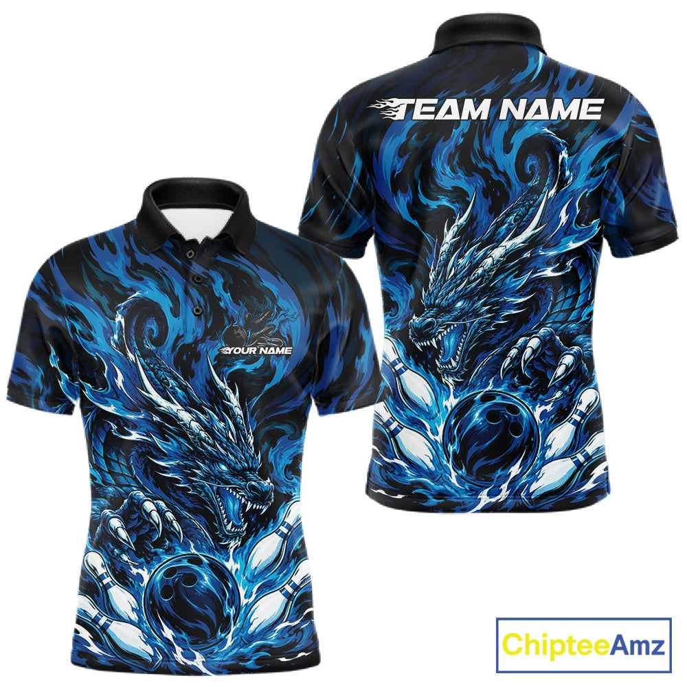 Custom bowling shirt featuring blue dragon, fiery abstract graphics, bowling pins, a bowling ball, front name personalization, and back team name.