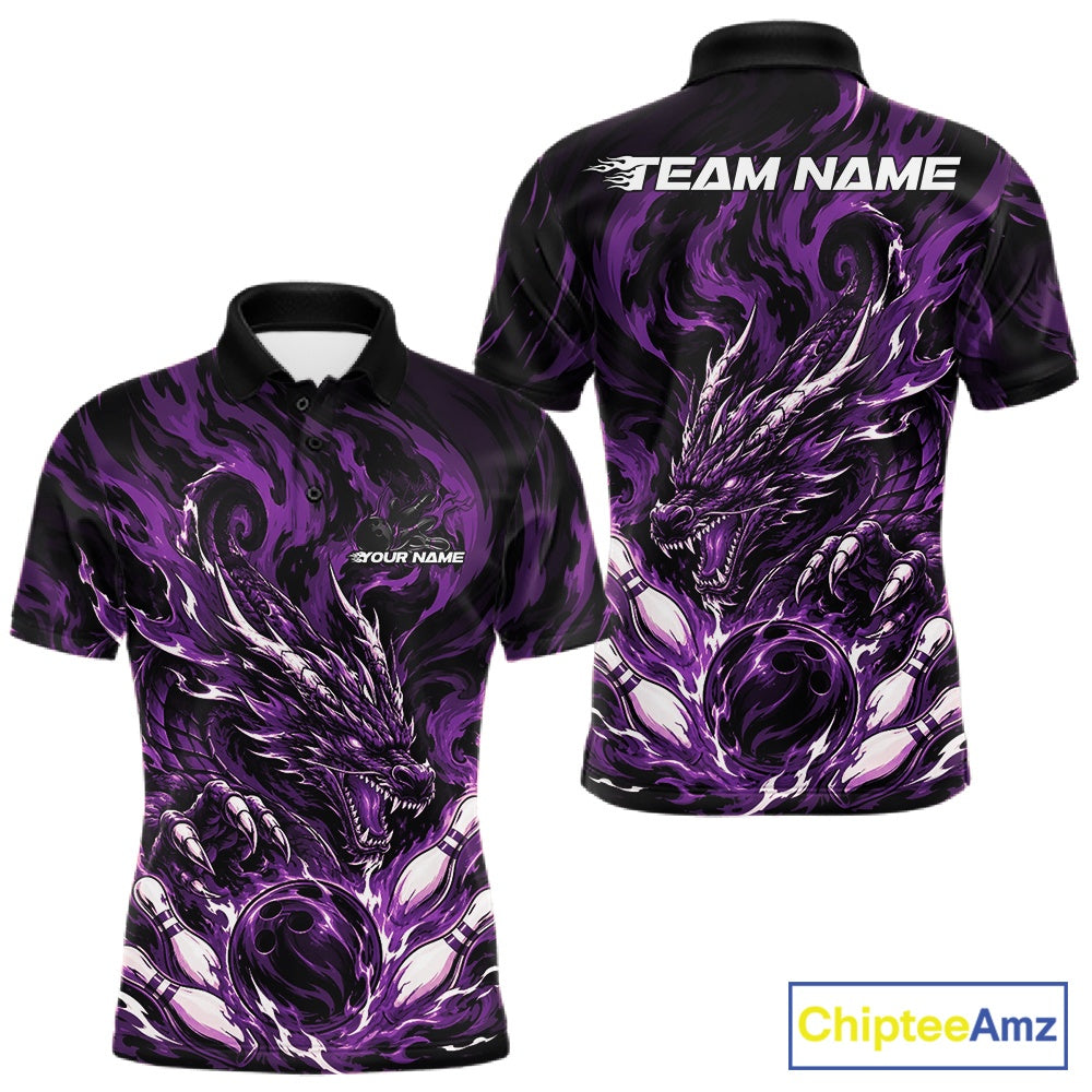 Custom bowling shirt featuring purple dragon, fiery abstract graphics, bowling pins, a bowling ball, front name personalization, and back team name.