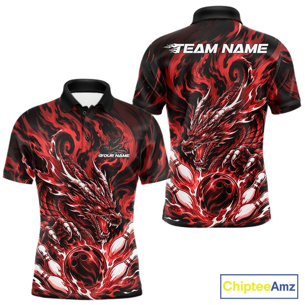 Custom bowling shirt featuring red dragon, fiery abstract graphics, bowling pins, a bowling ball, front name personalization, and back team name.
