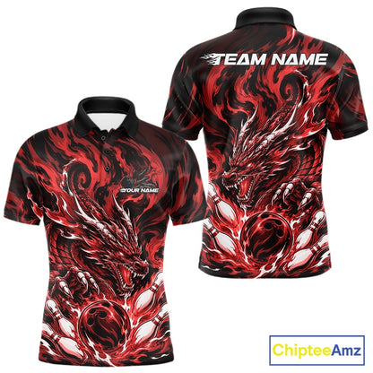 Custom bowling shirt featuring red dragon, fiery abstract graphics, bowling pins, a bowling ball, front name personalization, and back team name.
