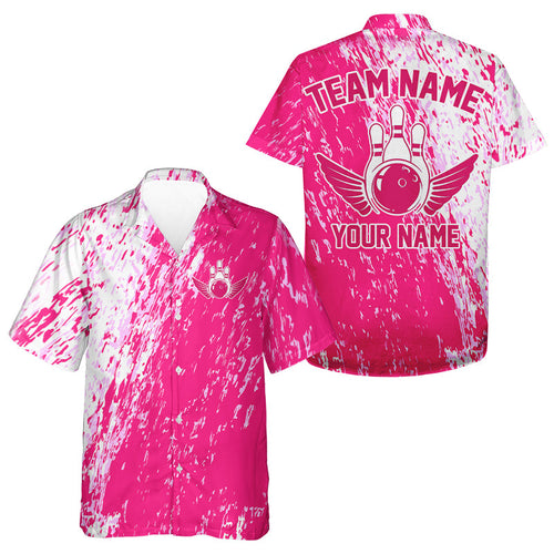 Custom Pink Bowling Hawaiian Shirts For Men And Women, Team Bowling Jerseys Bowling Pins With Wings IPHW4999
