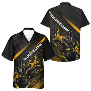 Custom Black And Gold Flame Bowling Hawaiian Shirts For Men, Bowling Team Bowling League Shirts IPHW7505